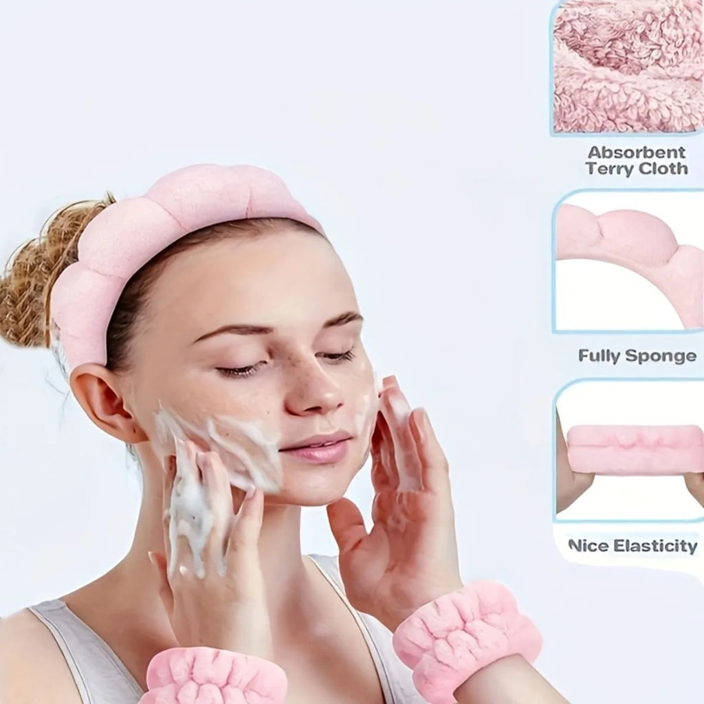 4-Piece Skincare Set | Bubble Headband, Wristbands & Powder Puff Skincare Accessory Set QXL