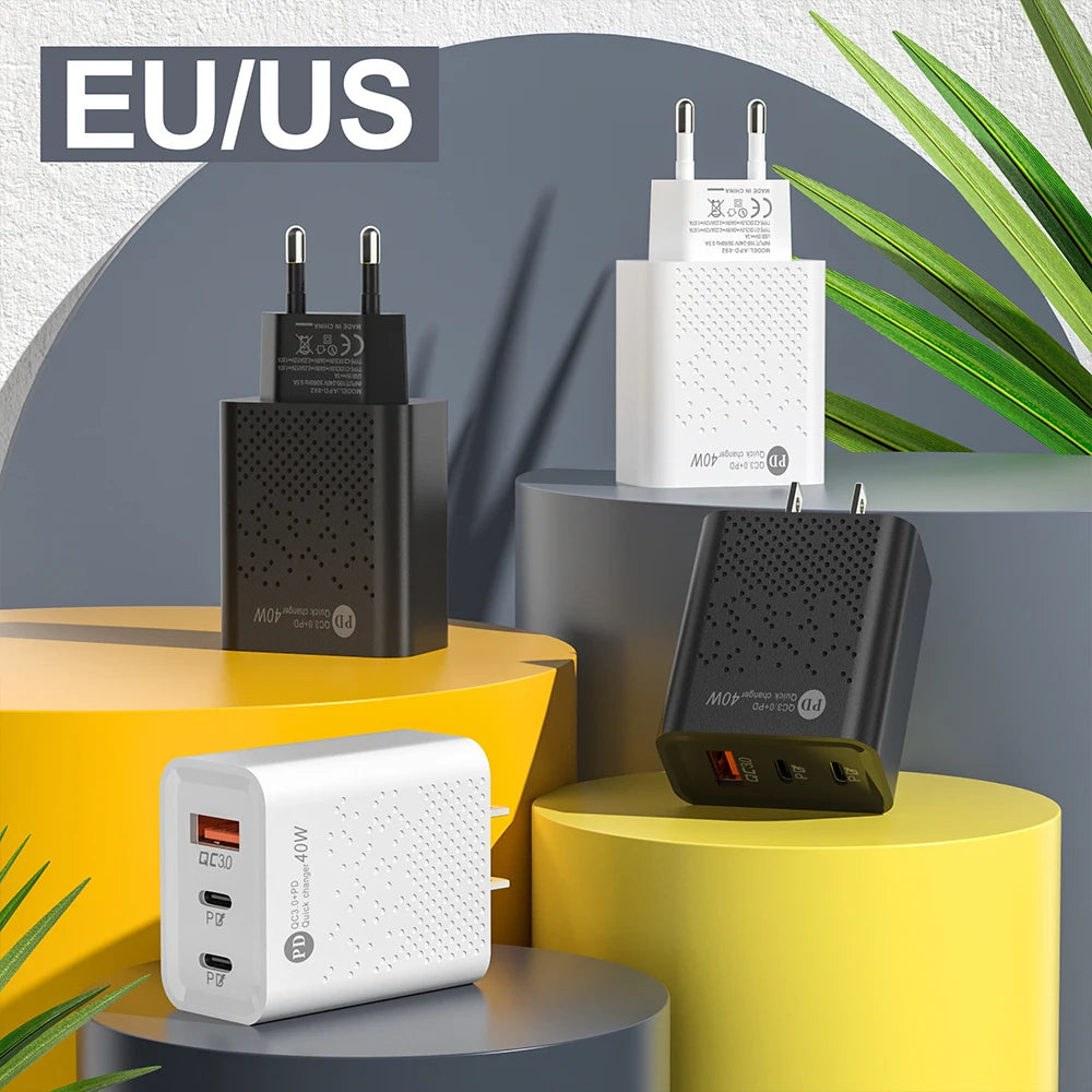 60W USB-C Fast Charger 3-Port PD & QC3.0 Wall Adapter USB-C Wall Charger QXL