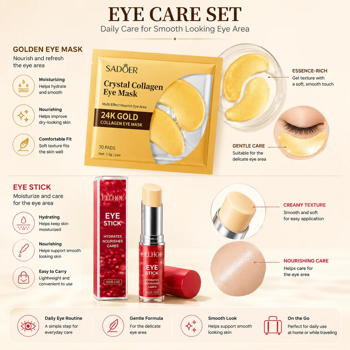 Collagen Eye Mask & Retinol Eye Stick Set | Moisturizing Eye Care Eye Care Set QXL