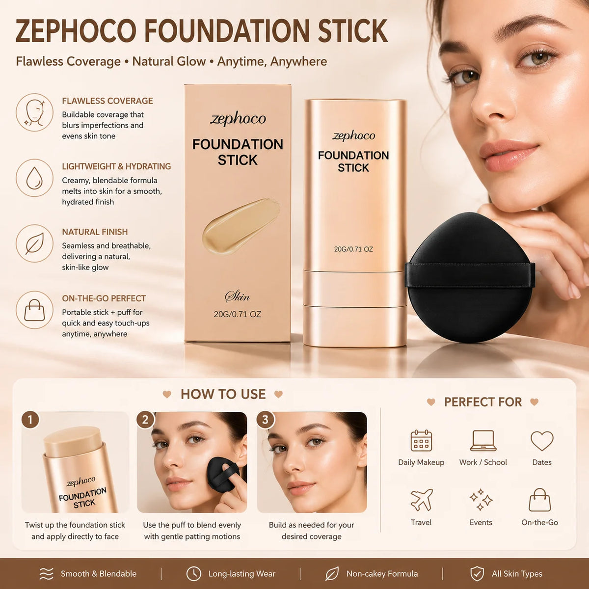 Foundation Stick & Peel-Off Lip Tint Makeup Kit | Smooth Finish Makeup Kit QXL