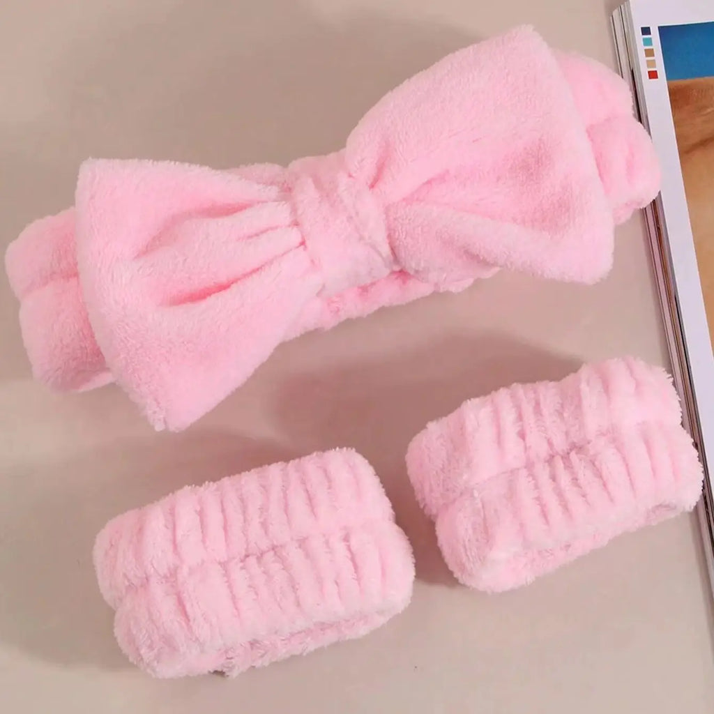 3-Piece Bow Plush Hair Band & Waterproof Wrist Cover Set Skincare Hair Band Set QXL