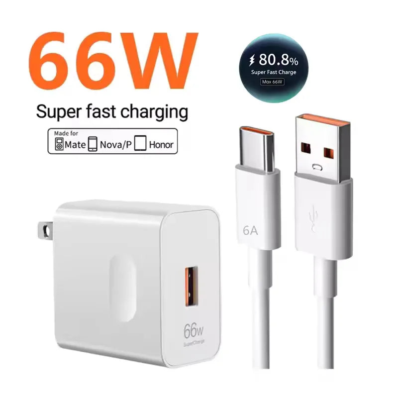 66W 6A Super Fast Wall Charger EU/US Plug + USB-C Cable Wall Charger QXL