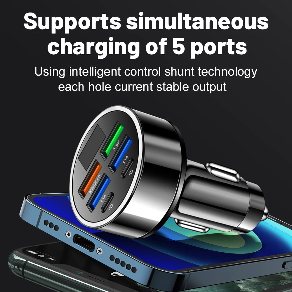 6-in-1 QC3.0 & PD Car Charger with Digital Voltage Display USB Car Charger QXL