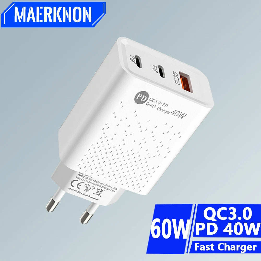 60W USB-C Fast Charger 3-Port PD & QC3.0 Wall Adapter USB-C Wall Charger QXL
