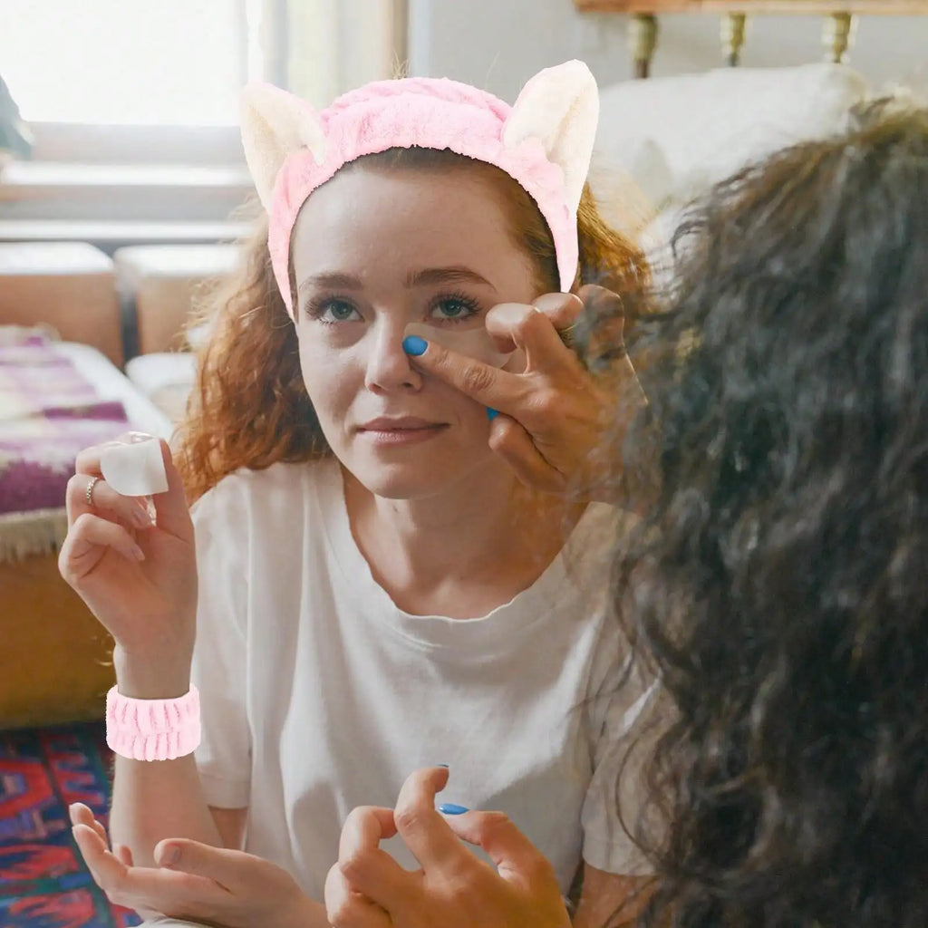 3-Pc Cat Ear Plush Makeup Headband & Wrist Hair Tie Set Makeup Headband Set QXL