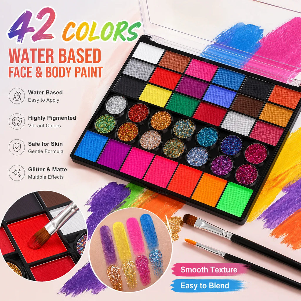 42-Color Face & Body Paint Palette Set with Brushes Face & Body Paint Set QXL