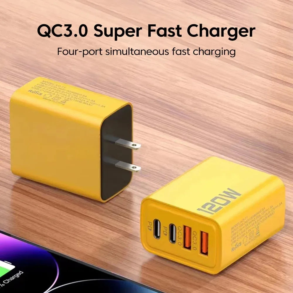 4-Port 120W USB-C PD Fast Charger QC3.0 | EU US UK Plug USB Wall Charger QXL