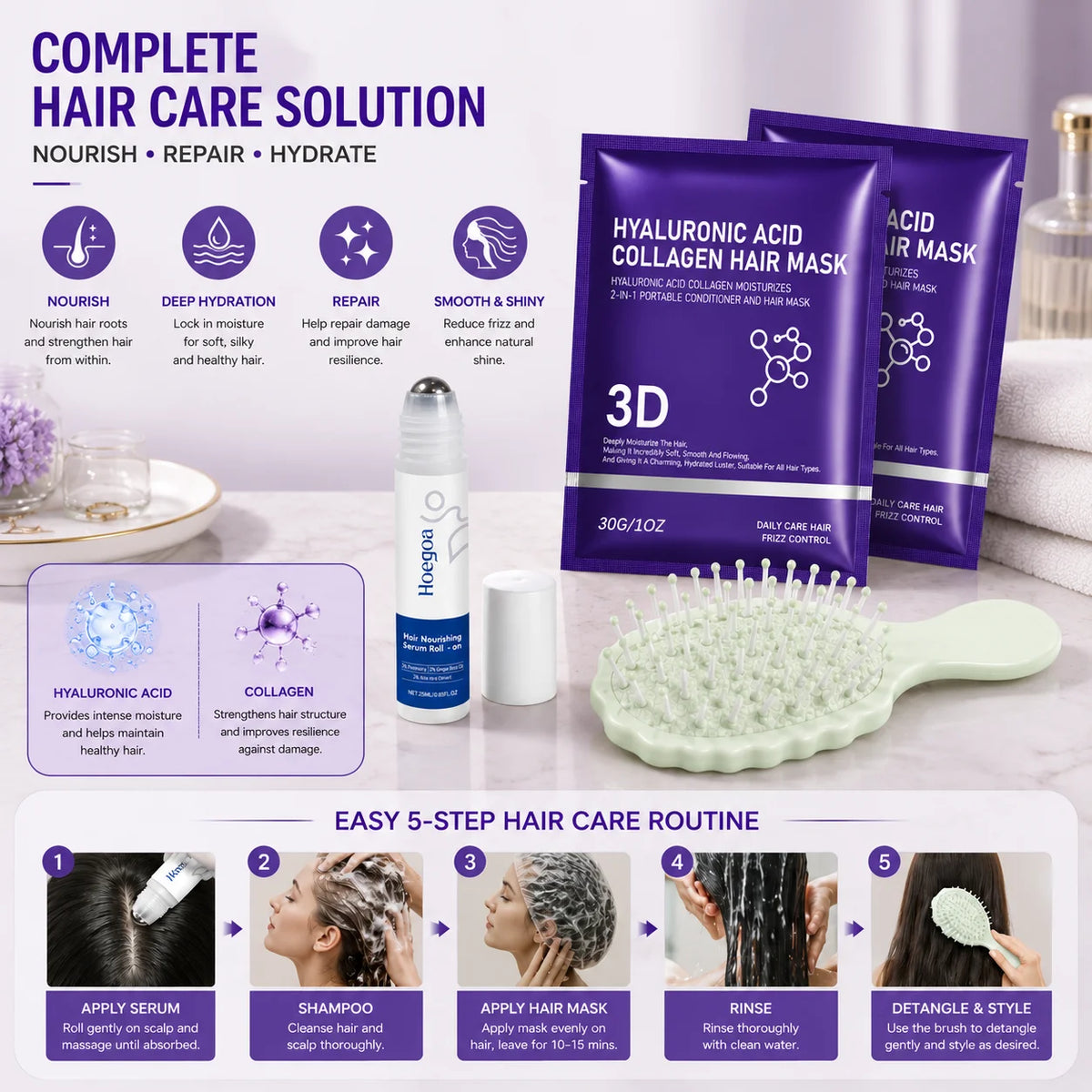 Hoegoa Hair Care Set – Serum Roll-On, Mask & Mini Brush Hair Care Set QXL