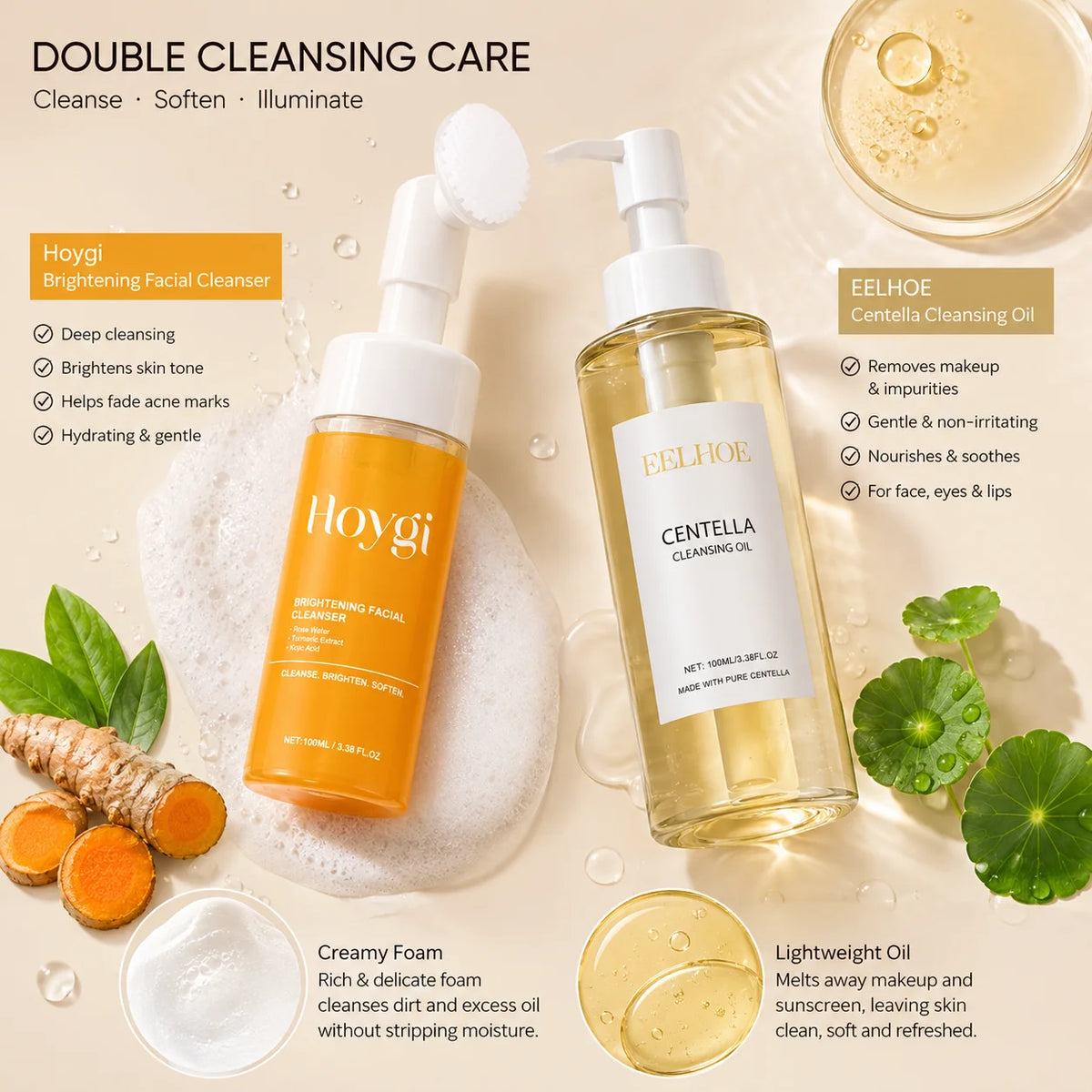 Turmeric Facial Cleanser & Centella Cleansing Oil 2-Piece Set Facial Cleansing Set QXL