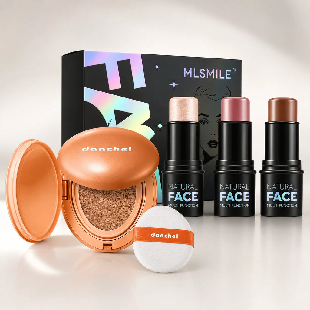 Cushion Foundation & Blush Bronzer Highlighter Stick Set Face Makeup Set QXL 4pcs