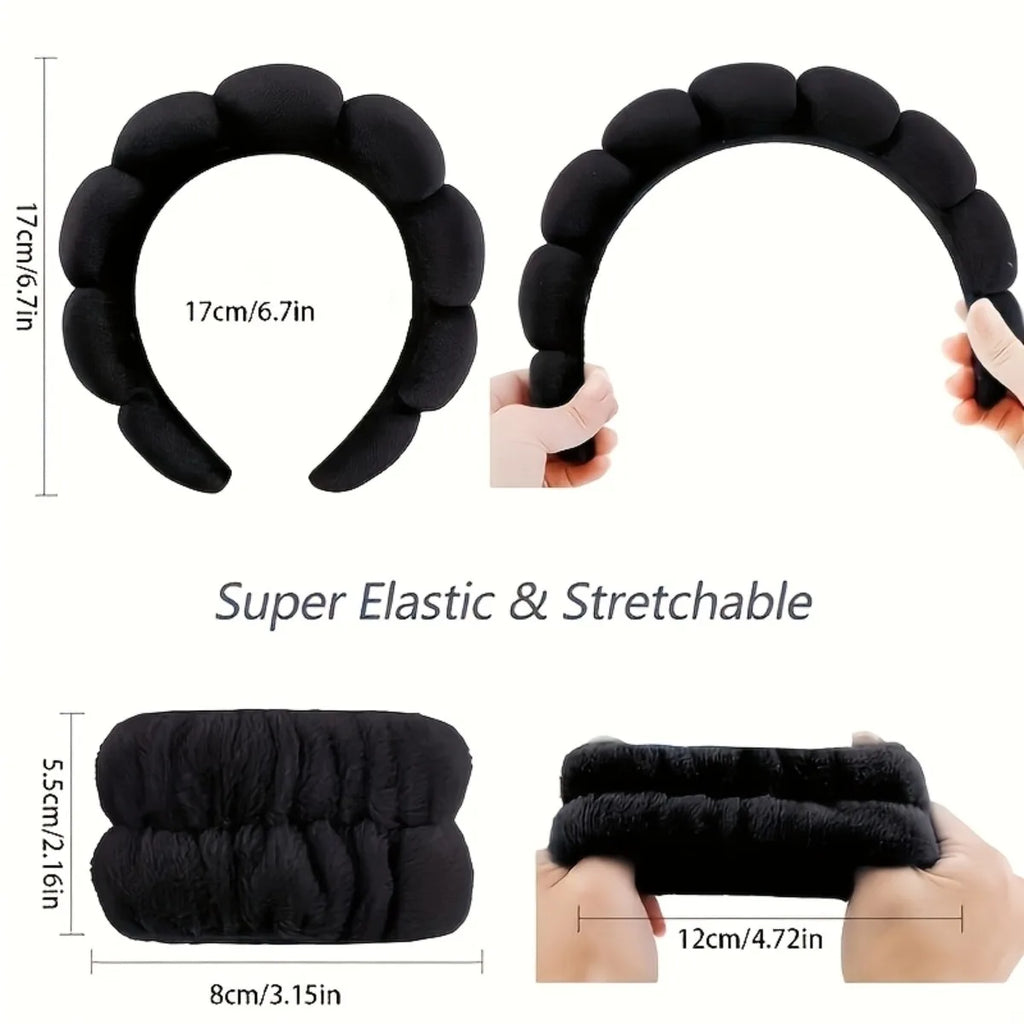 4-Piece Skincare Set | Bubble Headband, Wristbands & Powder Puff Skincare Accessory Set QXL