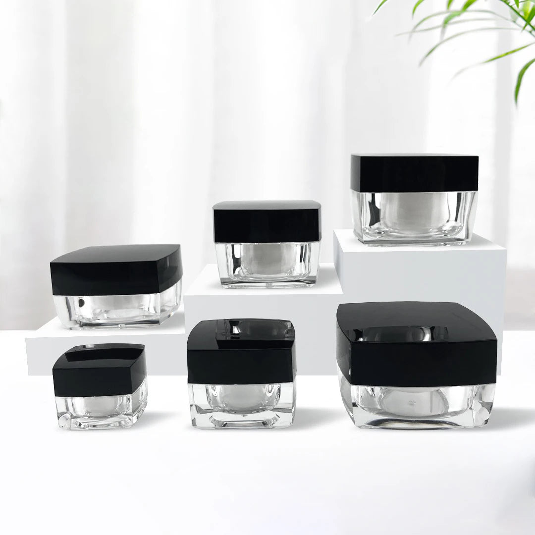 Acrylic Refillable Cream Jar 5g–50g | Clear Square Pot Black Lid Cosmetic Storage Jar QXL