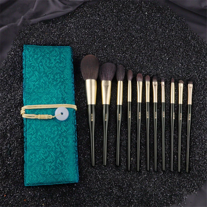 11-Pc Dark Green Makeup Brush Set | Goat & Squirrel Hair Makeup Brush Set QXL