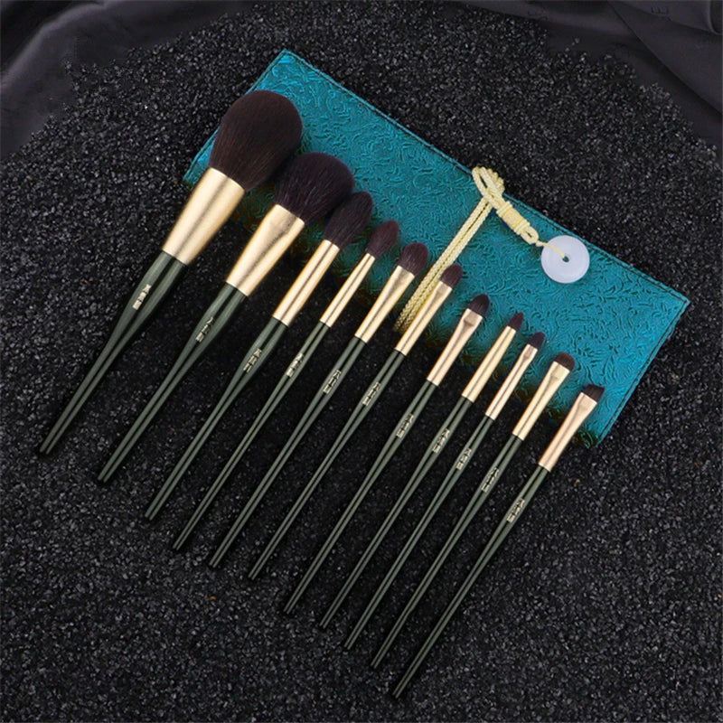 11-Pc Dark Green Makeup Brush Set | Goat & Squirrel Hair Makeup Brush Set QXL