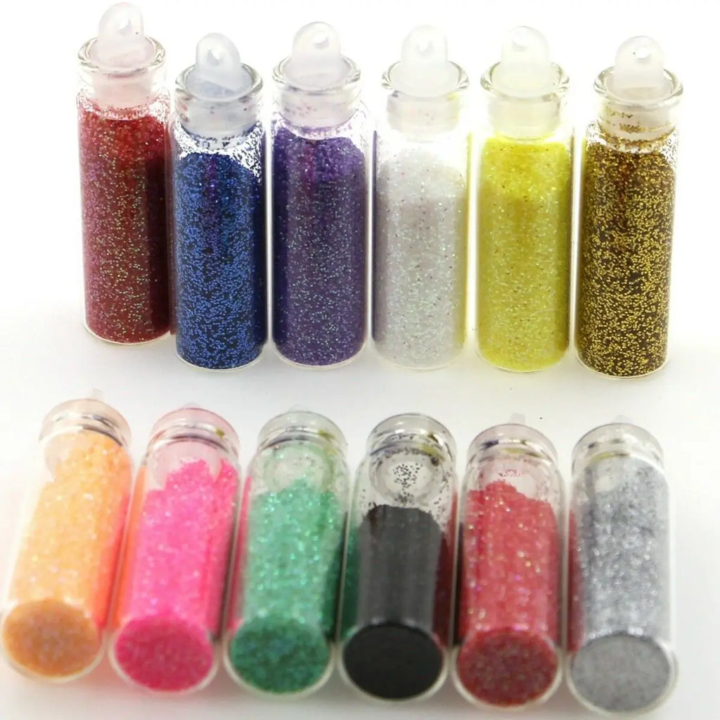 12 Mini Glass Vial Nail Art Glitter Dust Set – Mixed Colours Nail Art Glitter Set QXL