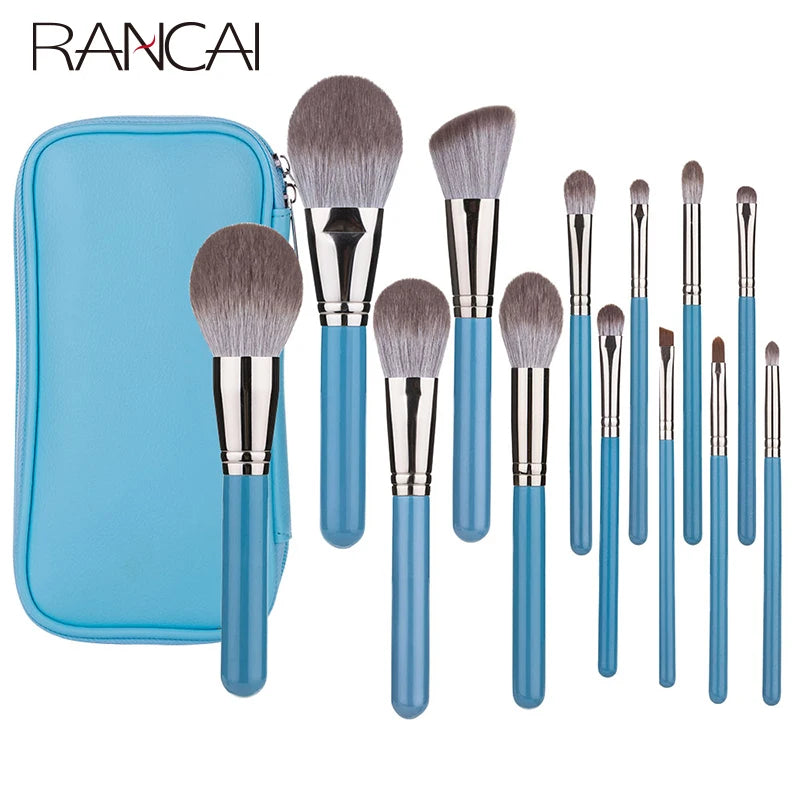 RANCAI 13-Pc Makeup Brush Set with Leather Bag | Wood Handle Makeup Brush Set QXL