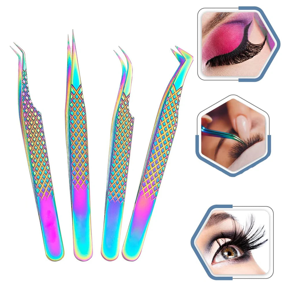 Rainbow Eyelash Extension Tweezers | 304 Stainless Steel 4 Styles Lash Extension Tweezers QXL