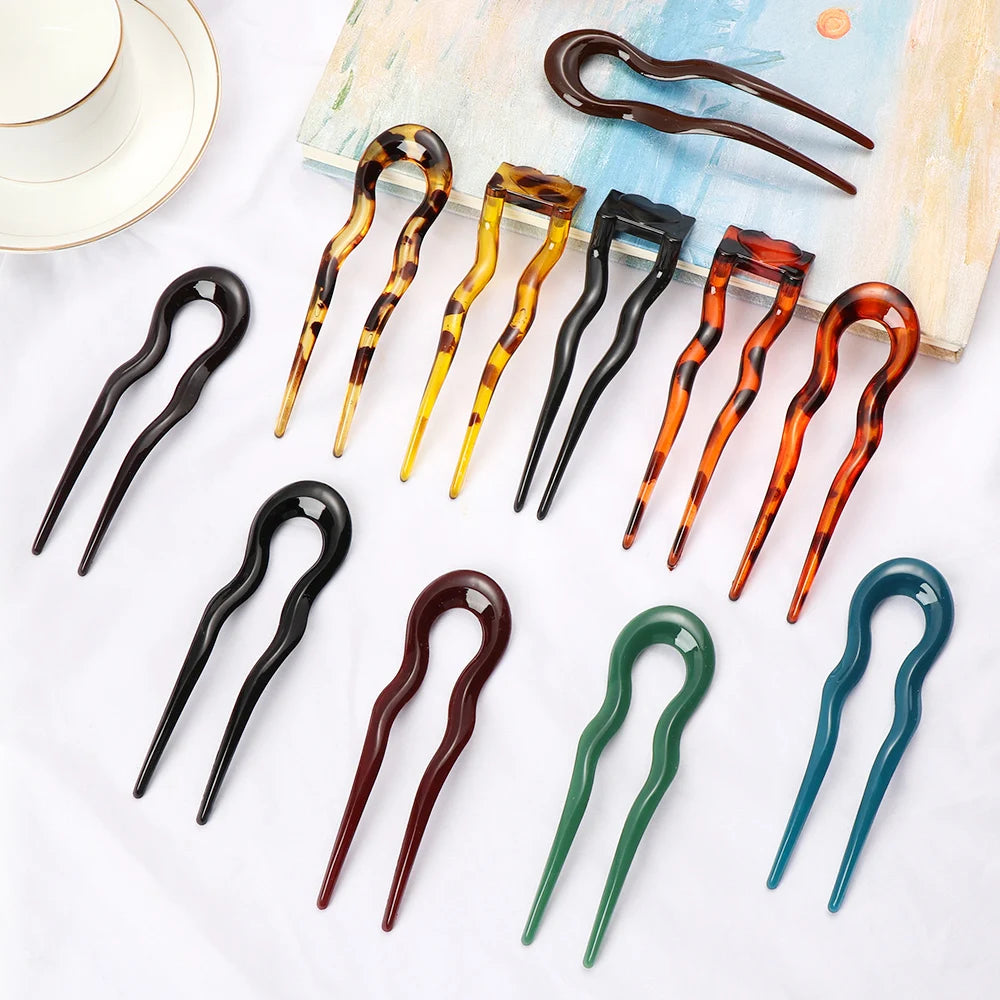 Retro U-Shape Hair Stick Fork Pin | Acetate & Metal Hairpin Hair Fork Pin QXL
