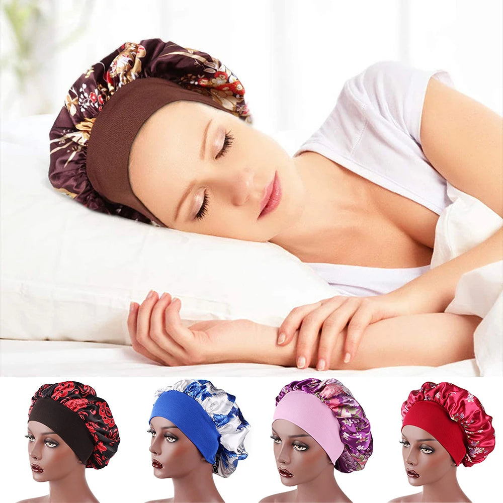 Women's Satin Sleep Bonnet | Elastic Wide Band Night Cap Satin Sleep Bonnet QXL