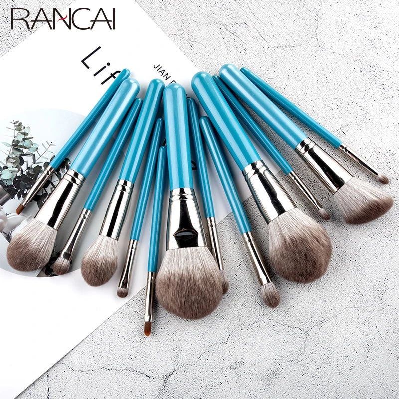 RANCAI 13-Pc Makeup Brush Set with Leather Bag | Wood Handle Makeup Brush Set QXL