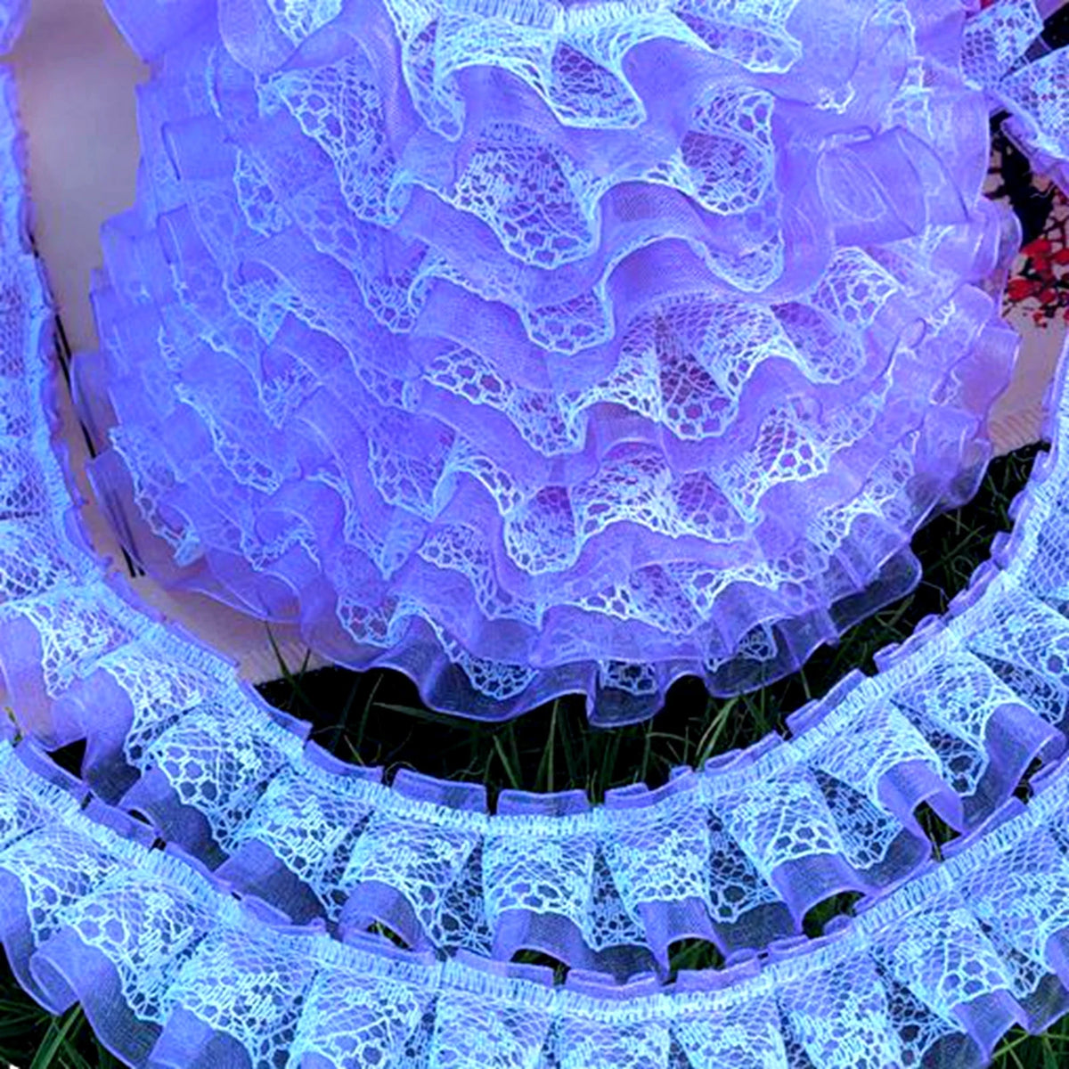 5 Yards Double Layer Ruffle Lace Tulle Ribbon Trim 25mm Lace Ribbon Trim QXL PURPLE 5yard