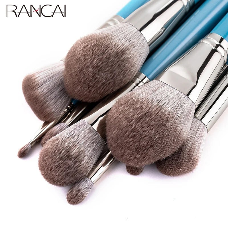 RANCAI 13-Pc Makeup Brush Set with Leather Bag | Wood Handle Makeup Brush Set QXL