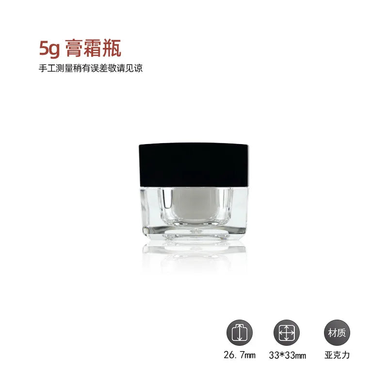 Acrylic Refillable Cream Jar 5g–50g | Clear Square Pot Black Lid Cosmetic Storage Jar QXL 5g