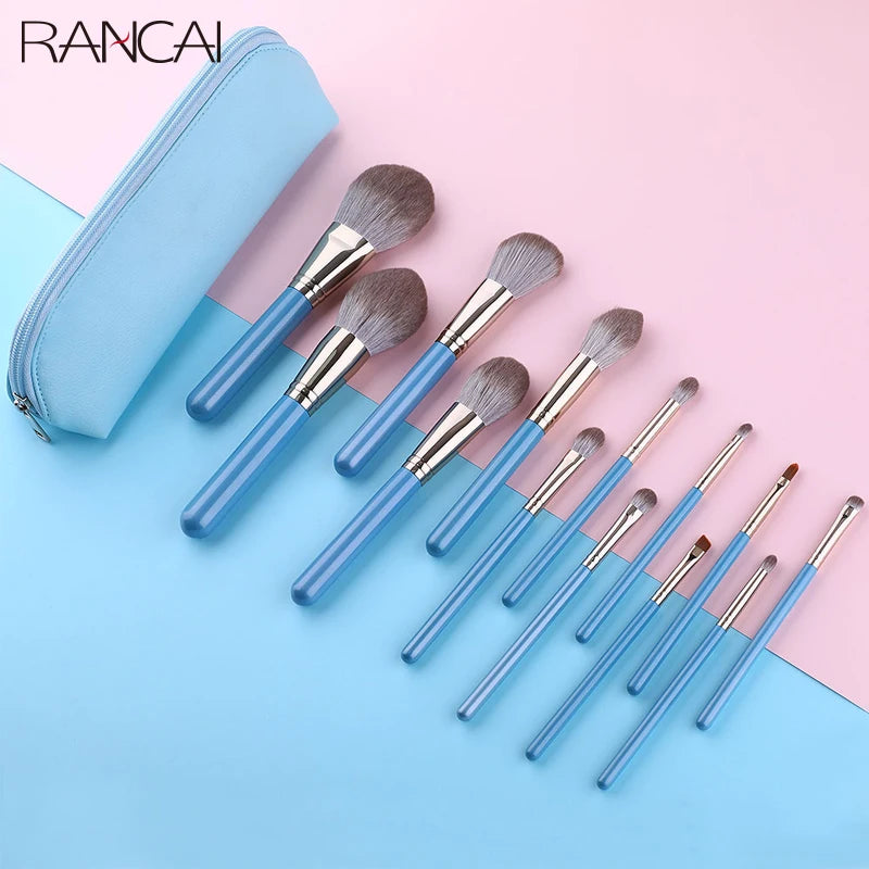 RANCAI 13-Pc Makeup Brush Set with Leather Bag | Wood Handle Makeup Brush Set QXL