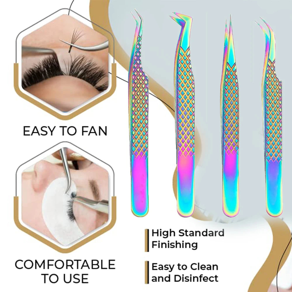 Rainbow Eyelash Extension Tweezers | 304 Stainless Steel 4 Styles Lash Extension Tweezers QXL