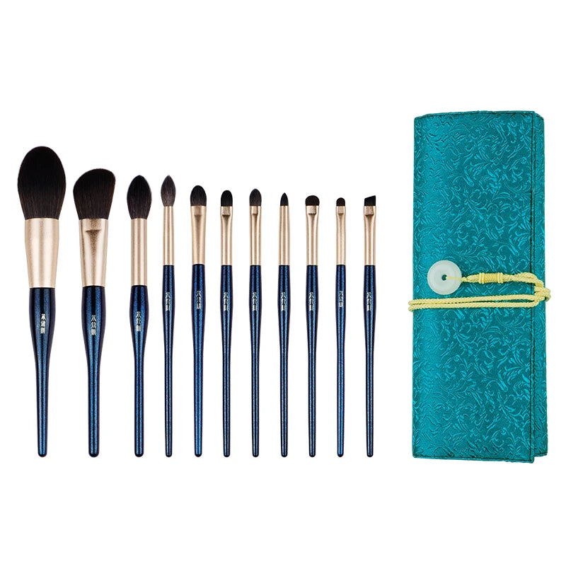 11-Pc Dark Green Makeup Brush Set | Goat & Squirrel Hair Makeup Brush Set QXL