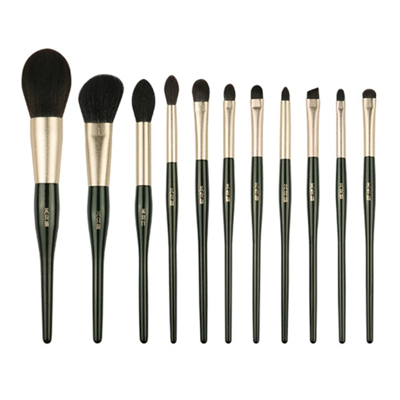 11-Pc Dark Green Makeup Brush Set | Goat & Squirrel Hair Makeup Brush Set QXL