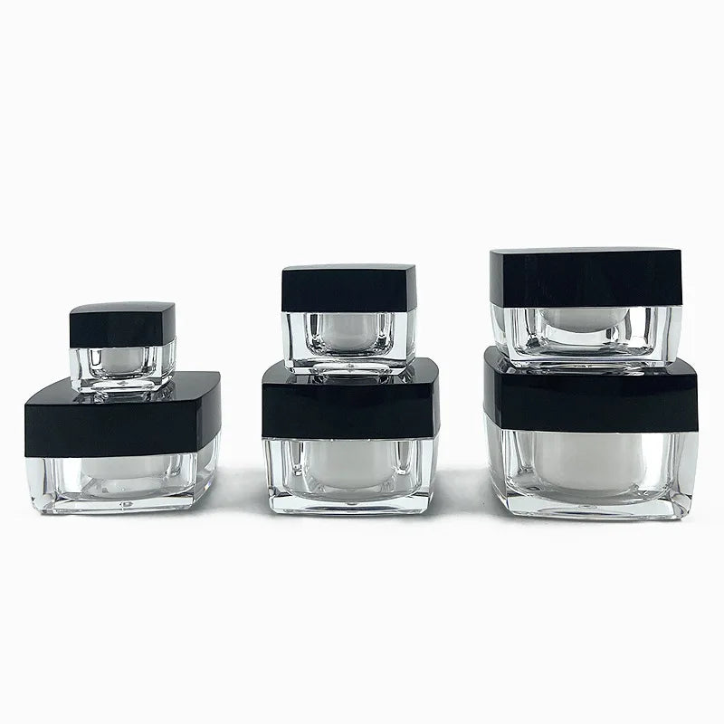 Acrylic Refillable Cream Jar 5g–50g | Clear Square Pot Black Lid Cosmetic Storage Jar QXL
