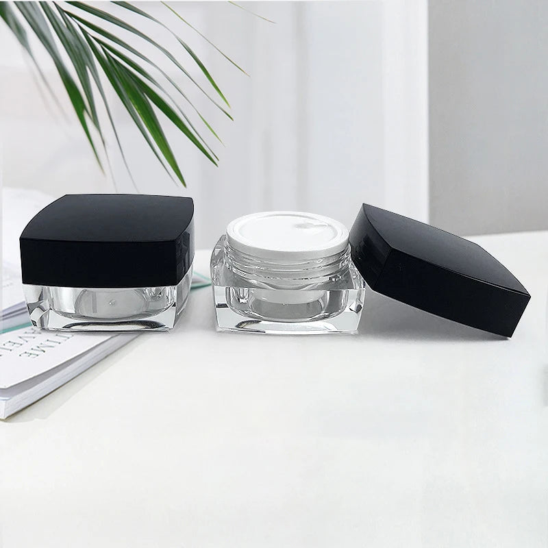 Acrylic Refillable Cream Jar 5g–50g | Clear Square Pot Black Lid Cosmetic Storage Jar QXL