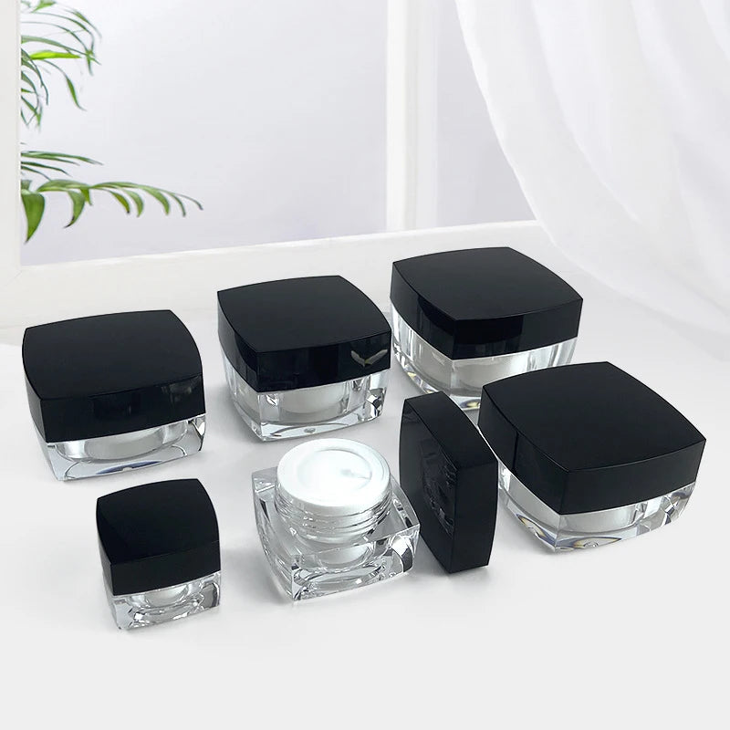 Acrylic Refillable Cream Jar 5g–50g | Clear Square Pot Black Lid Cosmetic Storage Jar QXL