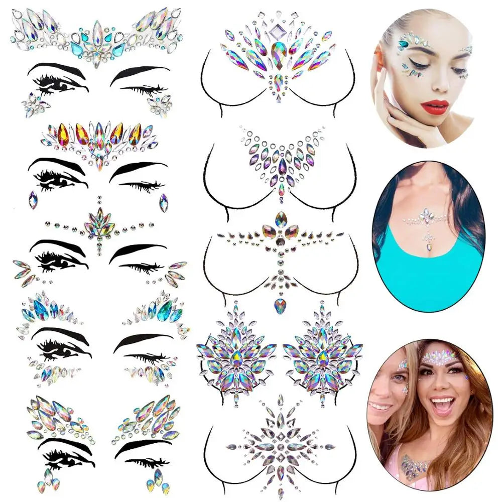 Rhinestone Body Gems Sticker | Crystal Chest Jewels Festival Body Gem Stickers QXL
