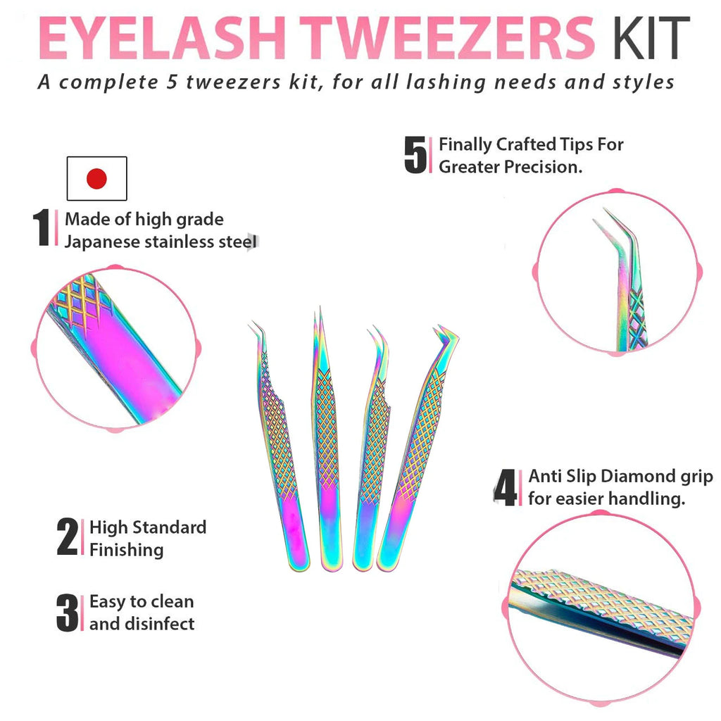 Rainbow Eyelash Extension Tweezers | 304 Stainless Steel 4 Styles Lash Extension Tweezers QXL