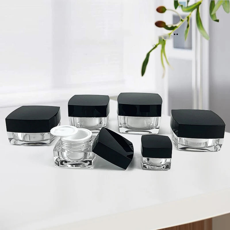 Acrylic Refillable Cream Jar 5g–50g | Clear Square Pot Black Lid Cosmetic Storage Jar QXL
