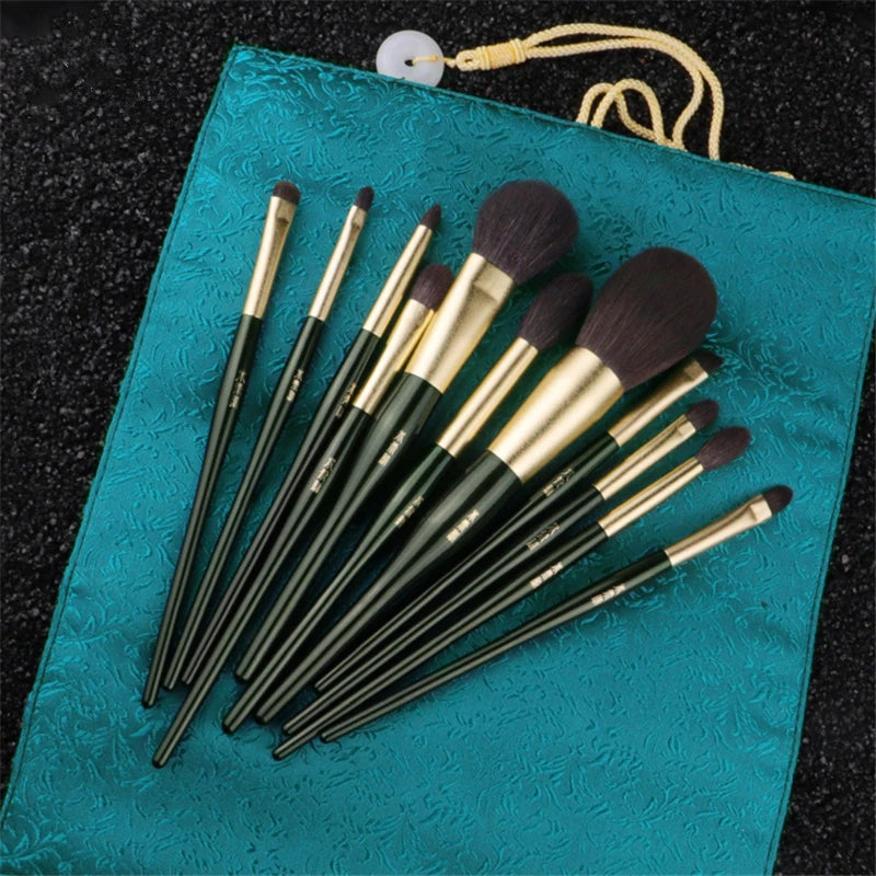 11-Pc Dark Green Makeup Brush Set | Goat & Squirrel Hair Makeup Brush Set QXL
