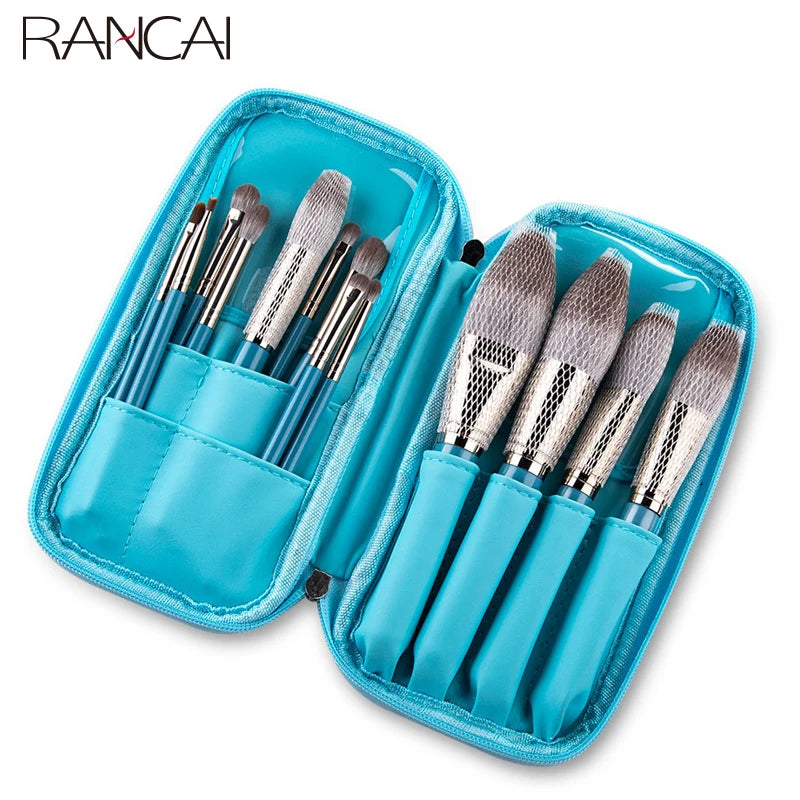 RANCAI 13-Pc Makeup Brush Set with Leather Bag | Wood Handle Makeup Brush Set QXL