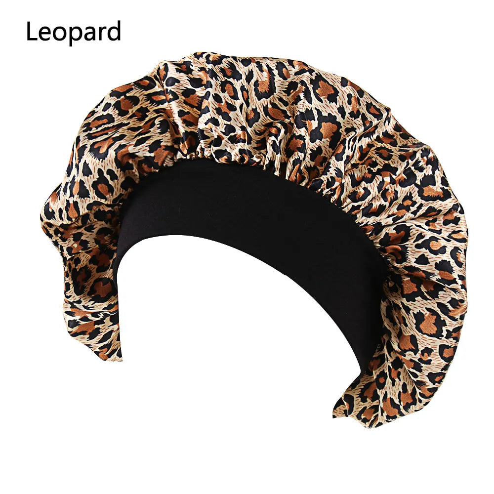 Women's Satin Sleep Bonnet | Elastic Wide Band Night Cap Satin Sleep Bonnet QXL Leopard