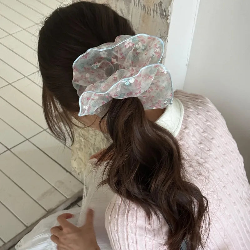 Puffy Bubble Gauze Floral Scrunchie | Korean Mori Style Floral Hair Scrunchie QXL