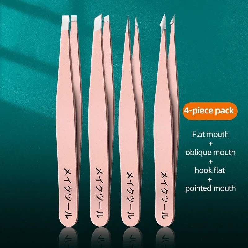4-Piece Stainless Steel Eyebrow Tweezer Set | Precision Tool Eyebrow Tweezer Set QXL 181-Pink 4 pcs