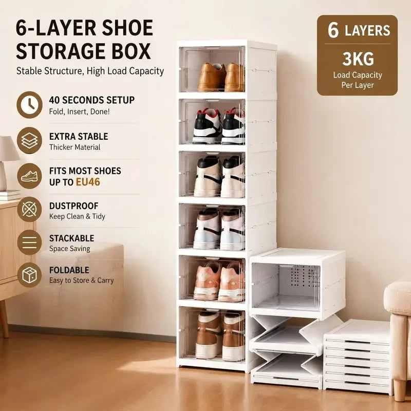 6-Layer Stackable Transparent Shoe Storage Box Organizer Shoe Storage Organizer QXL