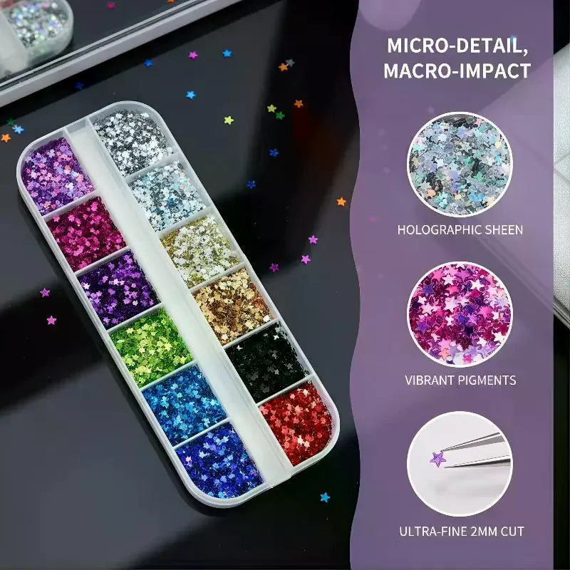 12-Grid Star Nail Glitter Sequins | Holographic 2mm Pentagram Flakes Nail Glitter Sequins QXL