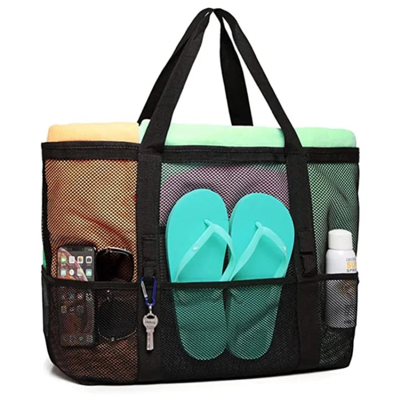 Large Mesh Beach Bag Tote – 8 Pockets, Quick-Dry Pool Organizer Mesh Beach Tote QXL