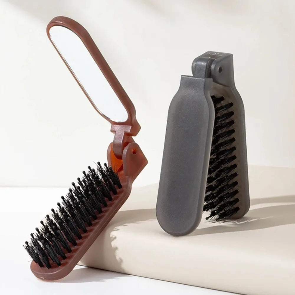 Folding Hair Comb with Mirror | Boar Bristle Anti-Static Folding Hair Comb QXL