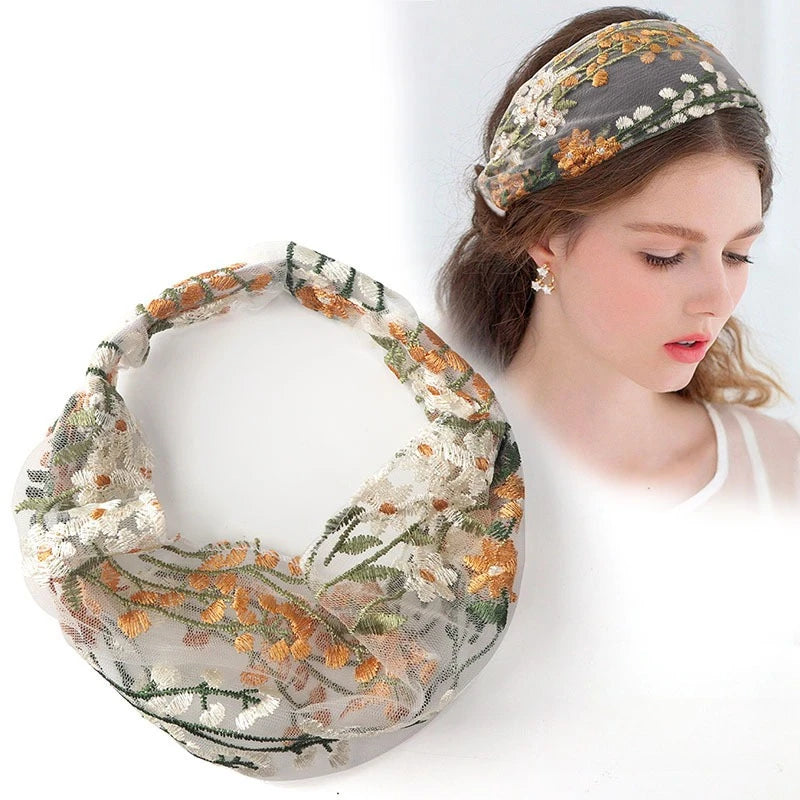 Embroidered Floral Mesh Headband | Elegant Turban Style Floral Mesh Headband QXL