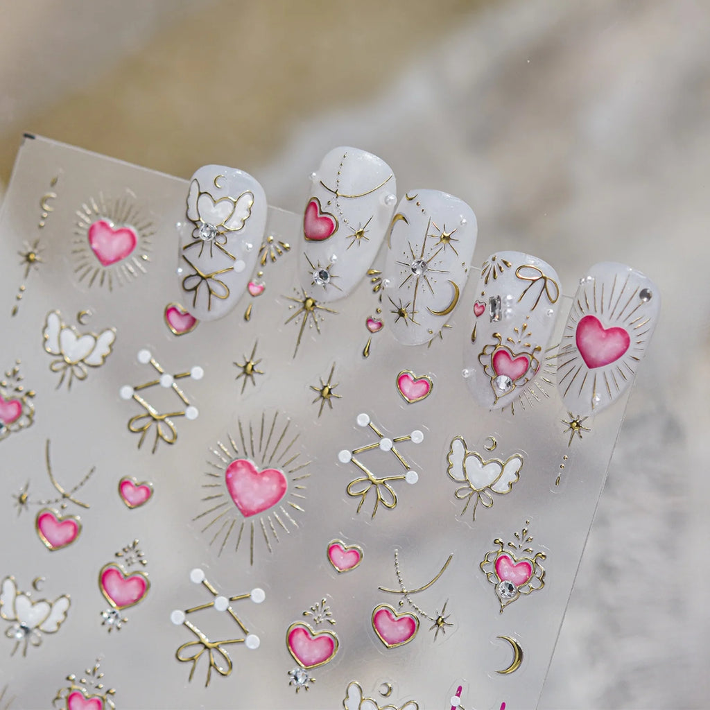 5D Nail Stickers – Pink Heart Angel Wing French Decals Nail Art Stickers QXL