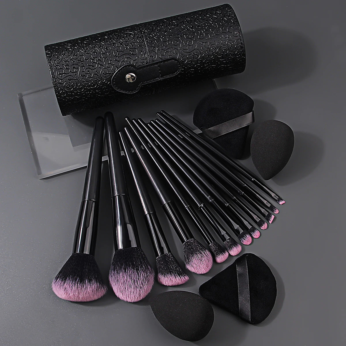 17-Piece Makeup Brush Set with Sponge, Puff & Organizer Makeup Brush Set QXL black