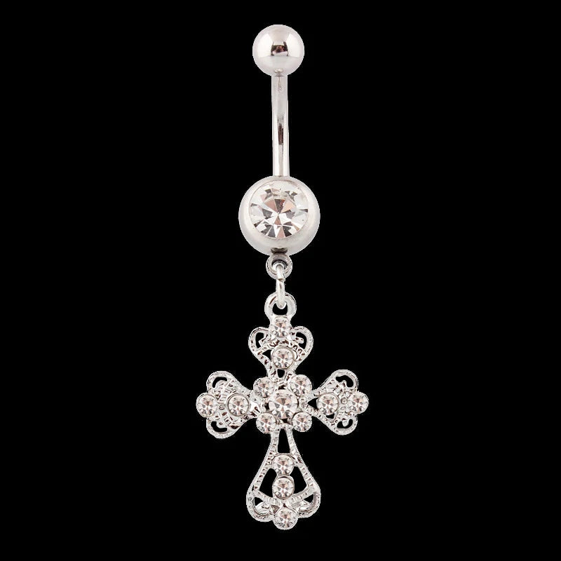 Crystal Cross Belly Button Ring | Stainless Steel Navel Bar Body Piercing Jewelry QXL